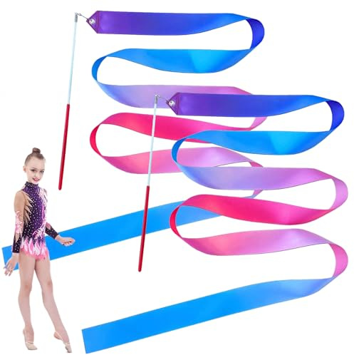 Tanzband,2 Stück Gymnastik Farbband,Buntes Gymnastik Band mit Stab,Kinder Regenbogen Band,Regenbogenfarben Gymnastikband,Gymnastikgeräte für Künstlerische Tanzgymnastik Talentshow Kindertanz
