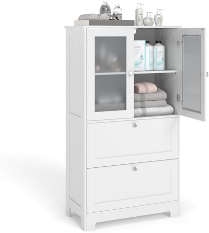 COSTWAY Armadio da Bagno a Terra Salvaspazio, Bianco, 60x30x108cm | Mobile Bagno con 2 Cassetti e 2 Ante in Vetro Opaco e Ripiano Regolabile per Cucina, Soggiorno e Ingresso