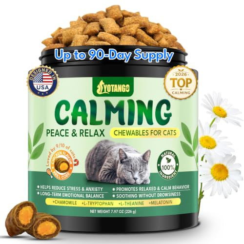 YOTANGO Cat Calming Treats, Calming Chews for Cats & Kittens, 500 Chews | Chicken and Krill Flavoured Crunchy Chews with Chamomile, L-Theanine and L-Tryptophan for Travel, Fireworks and Daily Calm.