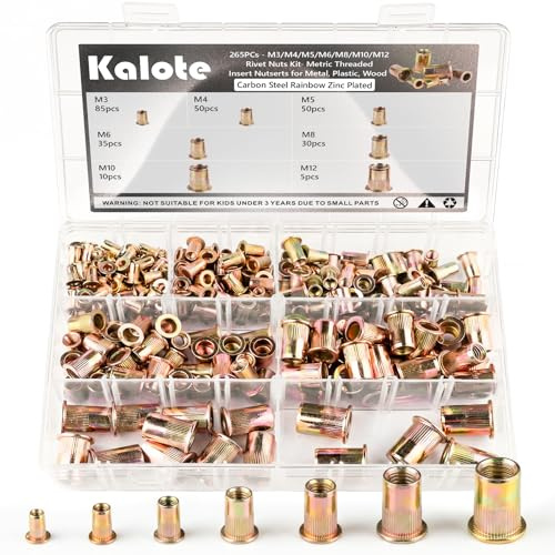 Kalote 265Pcs M3-M12 Yellow Carbon Steel Rivet Nut Assortment Kit | M3/M4/M5/M6/M8/M10/M12 Metric Threaded Inserts Assortment, Flat Head Rivnuts Nutsert Set for Automotive, Furniture, Boat