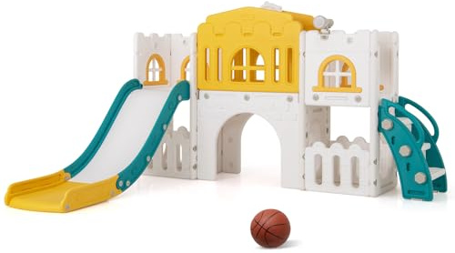 COSTWAY Toddler Slide, 8 in 1 Kids Slide Playset with Tunnel, Basketball Hoop, Telescope, Climbing Ladder & Storage Space, Indoor Playground for Ages 1-3 (Yellow + Green + White)