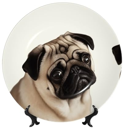 COWMGHLDFL Dekorativer Teller Mops Hund Keramik Knochenporzellan Dessertteller mit Präsentationsständer Mops Hund Knochen China Dekorativer Tellerständer Hängende Porzellanteller für Home Office