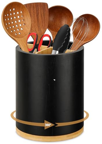 Voency Küchenutensilienhalter aus Holz, Runde Besteckhalter Organizer, 360° drehbarer Utensilienhalter Küche Holz Drehbar für Küche, Kochutensilien, Besteckbehälter, Löffel und Spatel