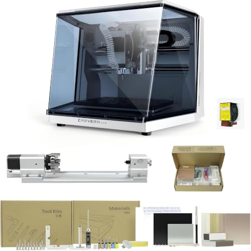 MAKERA Carvera Air Geschlossene 4-in-1 Desktop-CNC-Fräse Set mit 4.-Achse-Drehmodul, 5W Laser & PCB-Paket - Für PCB Leiterplatten-Isolation, 360° Zylinder, Lasergravur, Aluminium & Holz