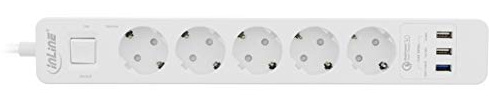 InLine 16491T Steckdosenleiste, 5-fach Schutzkontakt, Überspannungsschutz und QuickCharge USB, mit Schalter, 1,5m, weiß
