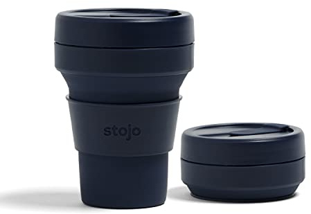 STOJO On-The-Go Collapsible Coffee Cup - 12oz / 355ml - Reusable & Foldable Silicone Travel Mug with Lid - Portable, Pocket Size - Dishwasher Safe - Denim