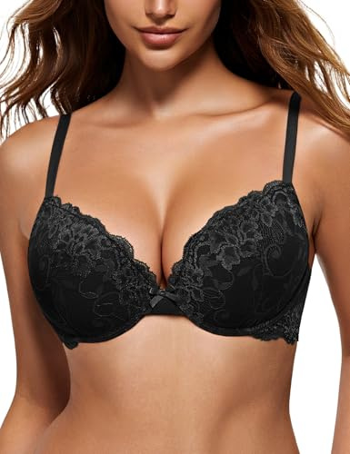 WingsLove Women's Push up Bra Floral Lace Padded Underwire Bra Demi Plunge