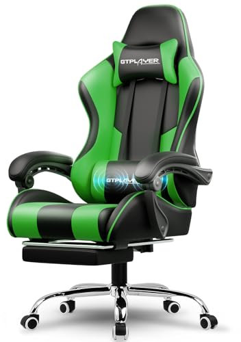 LUCKRACER Gaming Chair Massage With Footrest Ergonomic Computer Chairs High Back Support Height Adjustable Reclining Heavy Duty PC Chair (Faux Leather, Green)