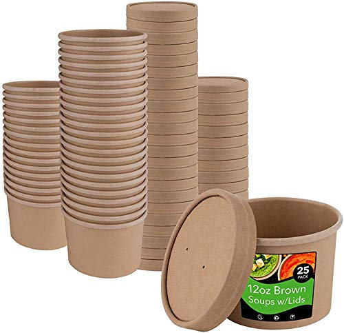 25 x 12oz Brown Disposable Soup Ice Cream Container Compostable Biodegradable Kraft Takeaway Paper Bowl Containers, Cardboard Round Deli Tubs Lids Heavy Duty Sizes: 8oz 12oz 16oz 26oz 32oz