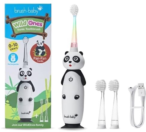 Brush-Baby WildOnes Kinder Elektrische Wiederaufladbare Zahnbürste, 1 Griff, 3 Bürstenköpfe, USB-Ladekabel, für Alter 0-10 (Panda)