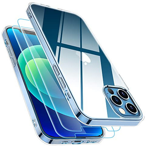 Garegce Coque pour iPhone 12 Pro Max avec 2 Pièces Verre Trempé, Transparente Ultra Mince Souple Silicone Anti-Jaunissement TPU Bumper Étui Housse, 6,7 Pouces - Claire