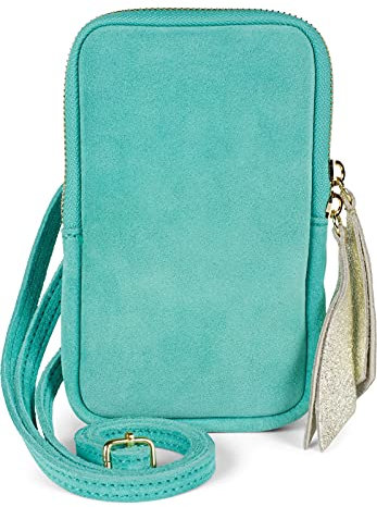 styleBREAKER Damen Leder Handy Umhängetasche aus weichem Veloursleder, Reißverschluss, Echtleder Mini Bag 02012373, Farbe:Türkis