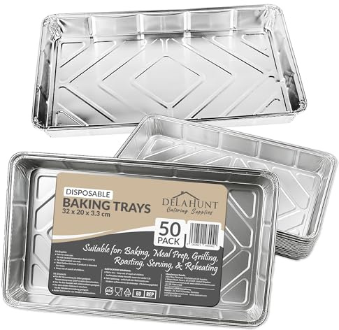Disposable Aluminium Foil Baking Trays, Tray Bakes, Large Containers for Baking, Roasting, Freezing, Storage, Cooking, BBQs, Brownies | Delahunt Catering Supplies | 32cm x 20cm x 3.3cm (50 Trays)