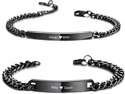 MunkiMix 2 Stück Personalisierte Paar Armbänder Set Benutzerdefinierte Gravur Name für Männer Frauen Freund Freundin Edelstahl Bar Einstellbare Bordstein Link Liebe Beziehung (Schwarze Farbe)