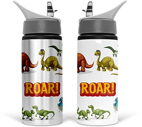 Print Maniacs Personalised Dinosaur Water Bottle School Sport Drink 600ml Leakproof Spill Proof Aluminium Hot Cold Flip up Kid Boys Girls Biking Gift (No Name)