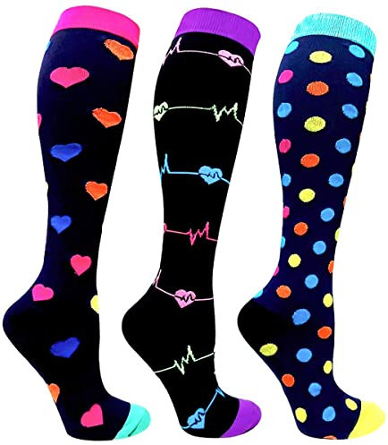 Miavogo 3 Paar Kompressionsstrümpfe für Damen, Kompressionssocken mit 20-30 mmHg Bunt Thrombosestrümpfe compression socks für Sport Laufen Reisen Flug（S/M）