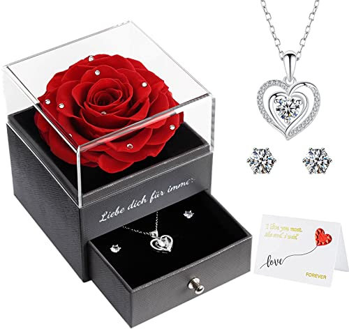 Miofula Ewige Rose Geschenke für Frauen, Konservierte Rosen mit Herz Halskette und Ohrringe aus 925 Sterlingsilber, Rosen Geschenkebox für Mama Frau zum Geburtstag Weihnachten Valentinstag Muttertag