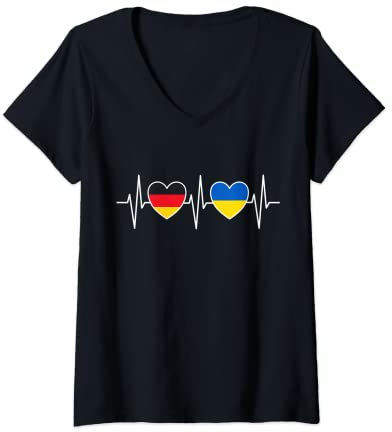 Damen Deutschland und Ukraine Flaggen Fahnen Herz T-Shirt mit V-Ausschnitt