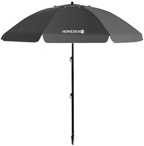 HOMEDEMO Parasol Plage Inclinable Portable et Pliable, Protection Solaire UV50+, avec Pied d'Ancrage à Visser & Housse de Protection, pour Terrasse, Piscine, Marché, Campings, 217cm, Anthracite