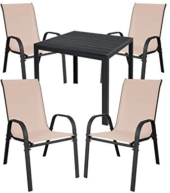 Mojawo Hochwertige Gartengarnitur 5-teilig Gartentisch 90x90cm Anthrazit WPC Grau + 4 Stapelstühle Textilen Anthrazit/Beige