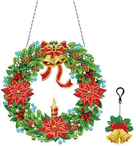 Sarah Duke 5D DIY Diamond Painting Blider Weihnachtskranz, Weihnachten Fensterhänger Türkranz Kristall Malerei Weihnachtsdeko Kranz mit LED Lichter (A)