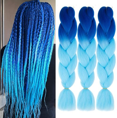PORSMEER 3 Stücke Ombre Blau Braids Extensions Kunsthaar 66cm zum Einflechten,100g Kanekalon Haar Flechten Für Frauen Crochet Twist Flechten Haar,dunkelblau/hellblau