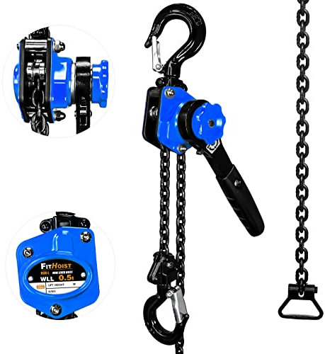 FITHOIST Chain Hoist Come Along 1/2 Ton | Mini Lever Chain Hoist 1100Lbs Capacity with 10' Lift G80 Chain | Ratchet Chain Puller Hoist 2 Heavy Duty Hooks | For Garages, Warehouse (Blue)