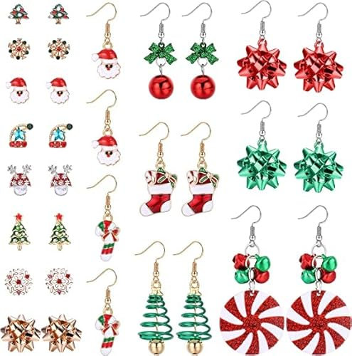 LOLIAS 16 Paar Weihnachts Ohrstecker Ohrringe Set für damen hypoallergen Schneemann Weihnachtsmann Weihnachtsbaum Schneeflocke Jingle Bell Rentier Ohrringe Weihnachten Urlaub Schmuck Geschenk
