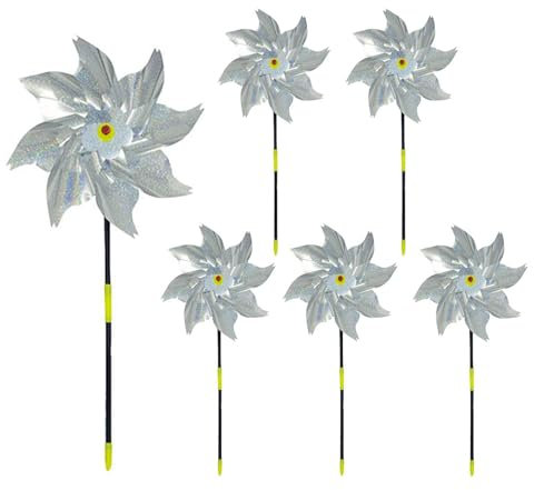 Yaclonq Juego de 6 molinillos reflectantes con estacas, molinillos de viento para pájaros, para decoración de jardín, para proteger el jardín, patio o techo