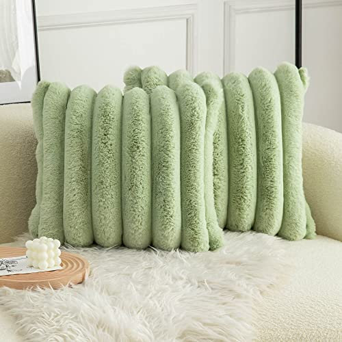 Neelvin 2er Set Plüsch Kissenhülle Kunstpelz Gemütliche Weiche Gestreifte Dekorative Kissenbezug Kissenbezüge Dekokissen Zierkissenbezug Sofakissen Grün 40x40 cm für Sofa Schlafzimmer