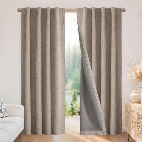 Joydeco 100% Black Out Curtains 63 inch Long 2 Panels Burg Natural Blackout Linen Drapes for Bedroom Living Room Darkening Curtain Thermal Insulated Back tab Rod Pocket(52x63 inch,Linen)
