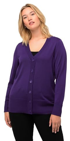 Ulla Popken Cardigan, Scollo a V, abbottonatura, Maglia fine Maglione, Viola Profondo, 60-62 Donna