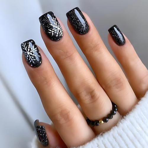 Ceboic 24Pcs Christmas Press on Nails Short, Glossy Square False Nails with Snowflakes Designs, Black Stick on Nails Full Cover Acrylic Fake Nails for Women DIY Christmas Nail Decorations