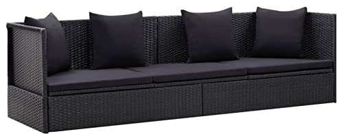 Camerina Garten-Sofabett mit Kissen Poly Rattan Schwarz Polyrattan Gartenlounge Sofa Outdoor Liege