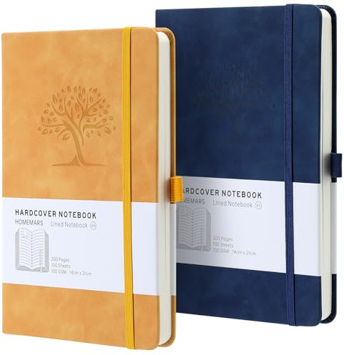 HOMEMARS Notizbuch, Notebook, a5, Journal buch, Reisetagebuch, Liniert a5, Notizblock, Notizbücher a5, 100gsm, 200 Pages, 2 Stück, Reisetagebuch, Notizbuch Leder, Prägebaum Design,Gelb Blau