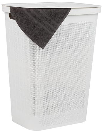Mind Reader Schmaler Wäschekorb, 60 l, mit Deckel, Leinen-Design, Kunststoff, 47 cm L x 36 cm B x 59 cm H, Weiß