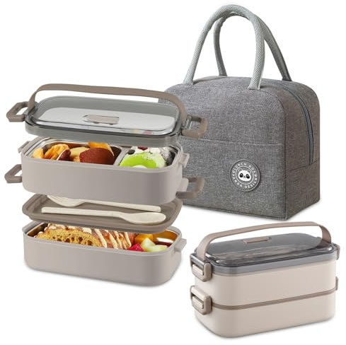 BRYN Lunch Box, 1400ml Boite Repas Compartiment avec Couverts et Sac Isotherme Repas, boîtes Bento Lunch Box pour Pique-Nique, Travail, Écoles, Camping et Fitness (Marron)