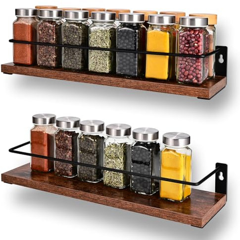 Miorkly Portaspezie in legno di acacia, 2 pezzi, da parete, senza foratura, 40 x 9,5 x 7 cm, mensola da cucina, organizer per spezie, sospeso, portaspezie