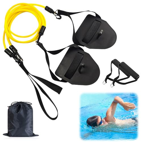 Riisoyu 2in1 Zugseil Schwimmen, Zugseil Schwimmtrainer mit Widerstandsband und Paddles Latex-Zugseil mit Handpaddles für Kinder Armzug-Training Krafttraining Triathleten