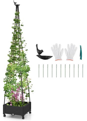 GOPLUS Obélisque de Plantes Grimpantes avec Jardinière Pot, Lit de Jardin Surélevé avec Treillis Tomates, Treillis 2 Roues Verrouillables, Intérieur Extérieur, Charge 15KG, 41 x 41 x 208 cm