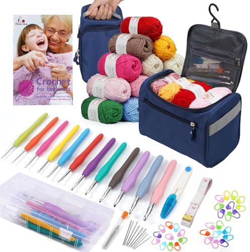 Aeelike Marineblau Häkelset mit 16 Häkelgarn, Komplettes Häkeln für Anfänger, 2,0-8,0 mm Ergonomische Weicher Griff Häkelnadel Set, Häkeltasche, Häkelzubehör, Transparente Aufbewahrungsbox