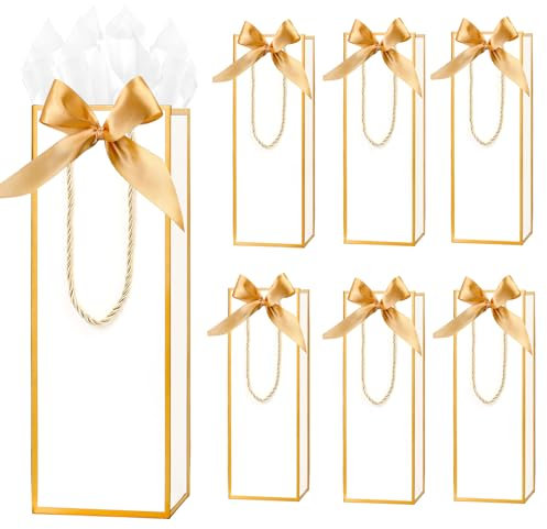 6 Pack Wine Gift Bags with Tissue Paper Wine Bottle Paper Bags with Bow Ribbon for Wedding Birthday Christmas Retirement Party Supplies (White)