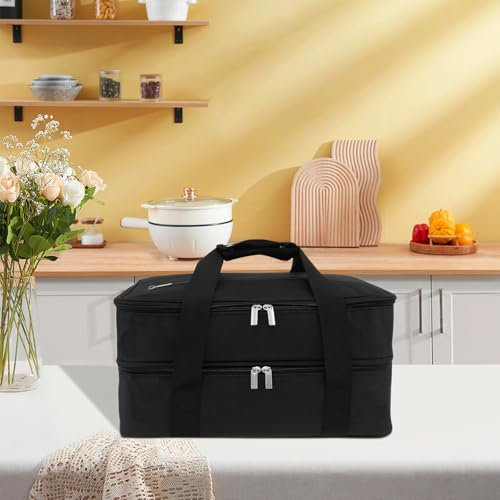 BAODBF Insulated Double Casserole Carrier Expandable Thermal Tote Bag Lightweight Thermal Tote with Handles Leakproof Snack Tote Bag Wide Opening Thermal Food Carrier for Work Travels Outdoor(Black)