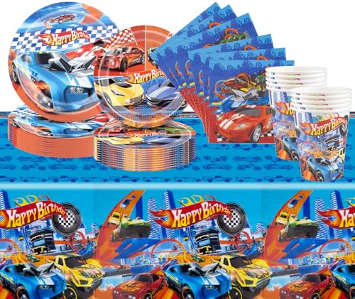 Ainvliya 51pcs Party Tableware Set, Boys' Racing Game Birthday Decorations, Kid Race Car Paper Cups, Plates, Napkins and Tablecloth for 10 Guests