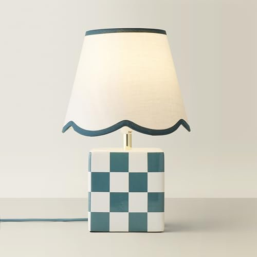 ValueLights | Forest Green Cube Checkered Base Ceramic Table Lamp with Scallop Tapered Lampshade Bedside Light | Table Lamps & Home Improvements Essential