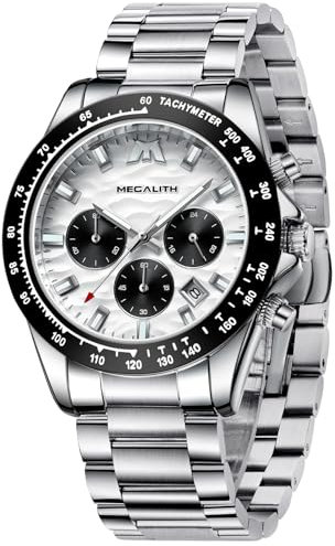 MEGALITH Armbanduhren Herren Chronograph Analog Quarzuhr Silber Groß Wasserdicht Herrenuhr Edelstahl Uhr Männer Geschenk (Weiß)