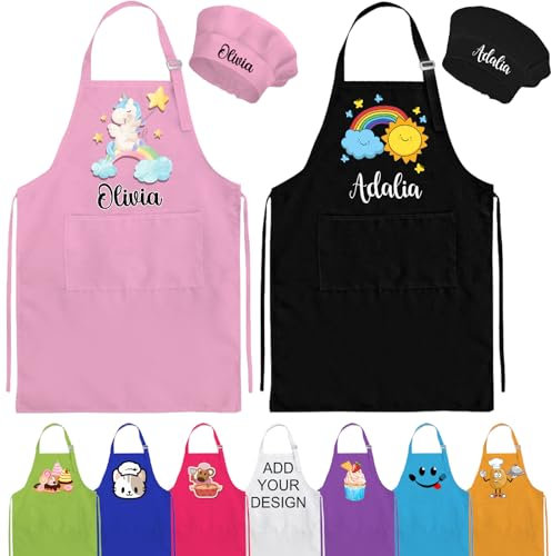 GBVllexuii Delantal personalizado para niños con nombre, delantal personalizado para niños y sombrero de chef ajustable para cocinar y hornear pintura