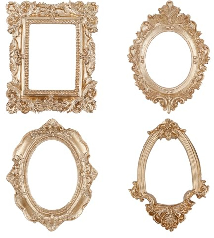 LNQ LUNIQI Mini Bilderrahmen Vintage Set, 4 Stück Klein Fotorahmen Gold Retro, Mini Deko Bilderrahmen Antik für Display Schmuck Foto Requisiten, 4 Formen