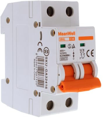 MeanWell Interruttore Magnetotermico Curva C 6000A, MCB 2P C16 16A 220V, 2 Poli Occupa 2 Moduli Barra DIN