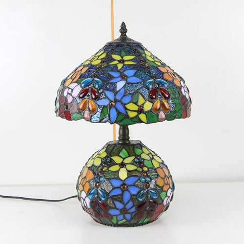 BOTOWI Tiffany Lampe Blume Glasperlen Tischlampe, Buntglas Lampenschirm mit Nachtlicht, Schlafzimmer Nachttisch Lesepult Licht für Wohnbüro Retro Akzent Dekor 12 Zoll Nachttisch Lampen